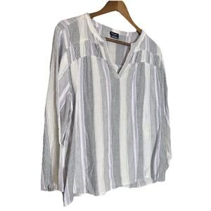 SPLENDID Linen Blend Blouse Ladies Size XL Grey Purple White Strip Top Shirt